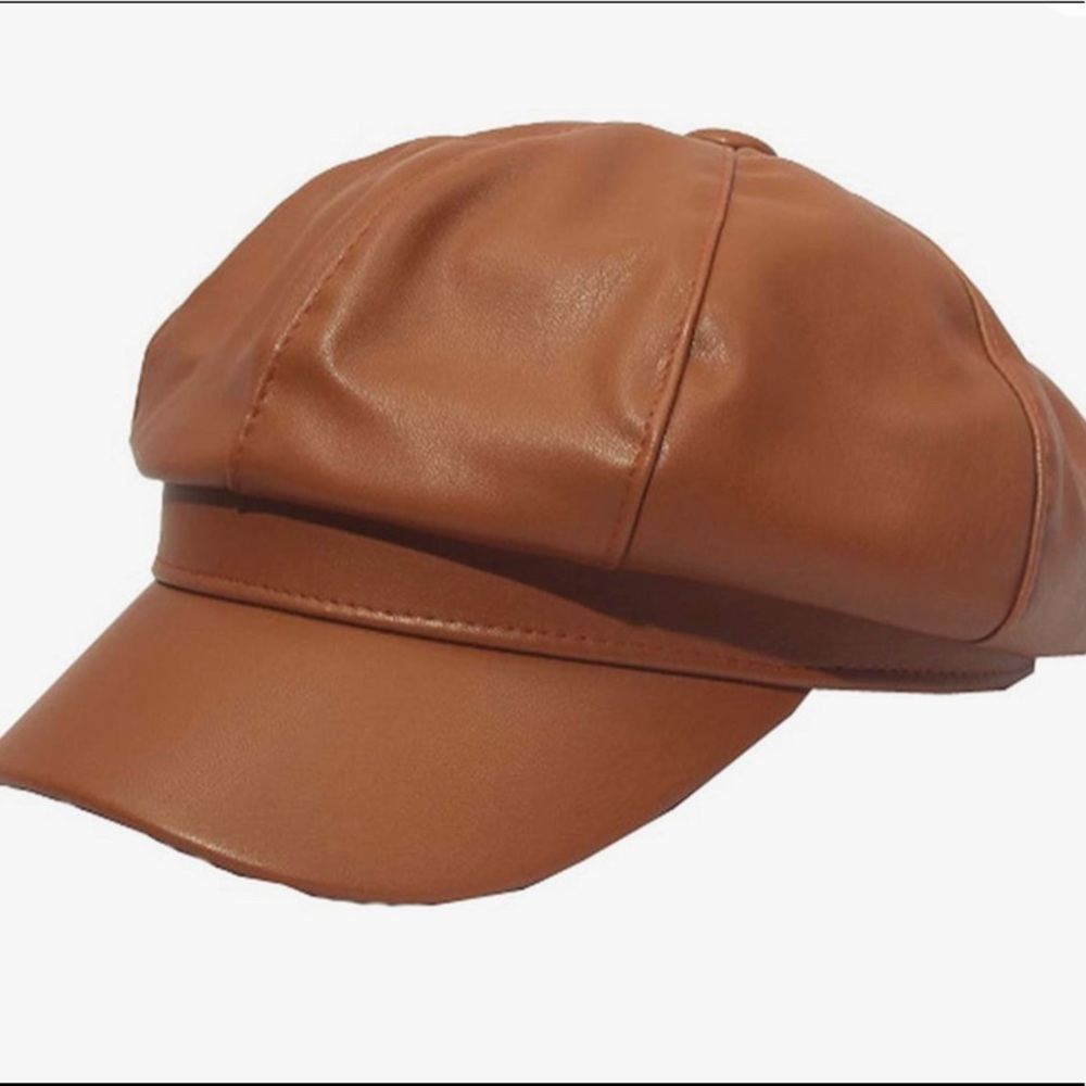 Brown leather baker boy hat